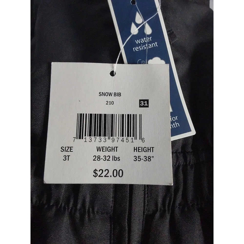 Falls Creek Black Unisex Snowdrift Insulated‎ Snow Toddler Bibs 3T NWT